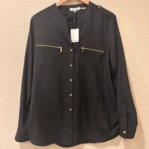 Calvin Klein Black Shirt Blouse with Gold Accents Roll Tab Sleeve New Size Large
